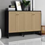 Panana Sideboard Accent Storage Cabinet with Rattan Decorated 4 Doors Dining Room Freestanding Kitchen Buffet Table Cupboard (Black)