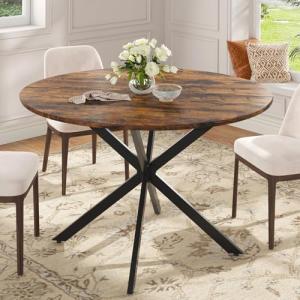 Unovivy 47 Inch Round Dining Table for 4,Space Saving Circle Dining Table with Pedestal Metal Frame,Farmhouse Wood Round Kitchen Table for Living & Dining Room,Rustic Brown