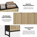 Panana Sideboard Accent Storage Cabinet with Rattan Decorated 4 Doors Dining Room Freestanding Kitchen Buffet Table Cupboard (Black)