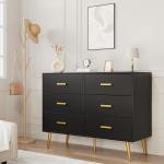 IDEALHOUSE 6 Drawer Dresser, Modern Wooden Chest of Drawers with Gold Handles, Deep Drawers for Bedroom, Living Room and Entryway, Black