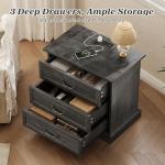 Huuger Nightstand with Charging Station, 3 Drawer Night Stand Set of 2, 22 Inch Wider Side Table with Storage, Farmhouse Nightstand with Vintage Handles, Thicken Base, for Bedroom, Black