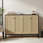 Panana Sideboard Accent Storage Cabinet with Rattan Decorated 4 Doors Dining Room Freestanding Kitchen Buffet Table Cupboard (Black)