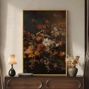 Framed Vintage Floral Wall Art for Room Decor, Retro Dark Moody Flower Canvas Artwork for Walls, Vertical Antique Botanical Painting Print for Living Room Bedroom Hallway Office Wall Decor, 24x36 Inch