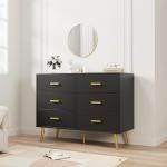 IDEALHOUSE 6 Drawer Dresser, Modern Wooden Chest of Drawers with Gold Handles, Deep Drawers for Bedroom, Living Room and Entryway, Black