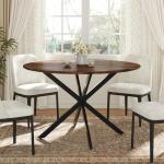 Unovivy 47 Inch Round Dining Table for 4,Space Saving Circle Dining Table with Pedestal Metal Frame,Farmhouse Wood Round Kitchen Table for Living & Dining Room,Rustic Brown