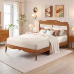 PHI VILLA Rattan Queen Size Bed Frame with Headboard, Natural Solid Wood Bed Frames, Vintage Bedframe, No Box Spring Needed, Brown