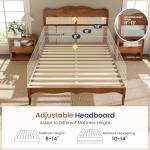 PHI VILLA Rattan Queen Size Bed Frame with Headboard, Natural Solid Wood Bed Frames, Vintage Bedframe, No Box Spring Needed, Brown