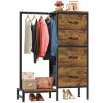 HIGDBFE Dresser with Hanging Rack, 4 Drawers Small Closet for Bedroom, Reversible Fabric Kids Chest of Drawers with Clothes Rack, Tall Storage Tower, Sturdy Frame, Rustic Brown, 44''H