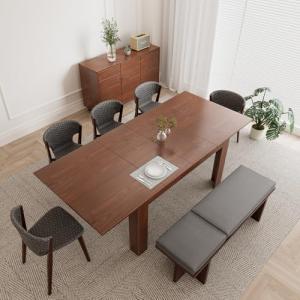 Rectangular Extendable Dining Table, Solid Wood Expandable Kitchen Table with Hidden Leaf, Adjustable 54.3" to 84.5", Space Saving Dining Table for 4-8 People, Modern Dining Room Table(Bright Brown)