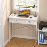 DAOUTIME Small Writing Desk for Kids Bedroom, 31.5 Inch White Computer Desk for Small Spaces, Simple Desk with 2 Fabric Drawers for Home Office, Dorm, Living Room, Home Study Table, White