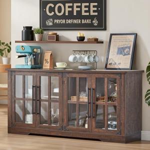 AMERLIFE Farmhouse 63" Buffet Sideboard Cabinet with Glass Door, Large Storage Cabinet with Adjustable Shelf, Wooden Coffee Bar Station for Kitchen, Dinning Room, Brown