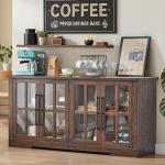AMERLIFE Farmhouse 63" Buffet Sideboard Cabinet with Glass Door, Large Storage Cabinet with Adjustable Shelf, Wooden Coffee Bar Station for Kitchen, Dinning Room, Brown