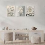 TUEASKY 3 Piece Canvas Wall Art Floral Wall Decor Neutral Pictures Flower Art Prints Botanical Paintings Beige Artwork For Bedroom Living Room