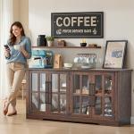 AMERLIFE Farmhouse 63" Buffet Sideboard Cabinet with Glass Door, Large Storage Cabinet with Adjustable Shelf, Wooden Coffee Bar Station for Kitchen, Dinning Room, Brown