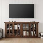 AMERLIFE Farmhouse 63" Buffet Sideboard Cabinet with Glass Door, Large Storage Cabinet with Adjustable Shelf, Wooden Coffee Bar Station for Kitchen, Dinning Room, Brown