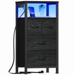 Furnulem Tall Night Stand with Charging Station and Led Light, Small Dresser with Open Shelf and 4 Storage Drawers, Black Side Table Fabric Nightstand for Bedroom, Entryway, Bedside Furniture