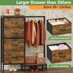 HIGDBFE Dresser with Hanging Rack, 4 Drawers Small Closet for Bedroom, Reversible Fabric Kids Chest of Drawers with Clothes Rack, Tall Storage Tower, Sturdy Frame, Rustic Brown, 44''H