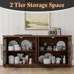 AMERLIFE Farmhouse 63" Buffet Sideboard Cabinet with Glass Door, Large Storage Cabinet with Adjustable Shelf, Wooden Coffee Bar Station for Kitchen, Dinning Room, Brown