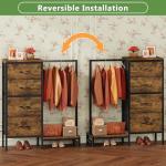 HIGDBFE Dresser with Hanging Rack, 4 Drawers Small Closet for Bedroom, Reversible Fabric Kids Chest of Drawers with Clothes Rack, Tall Storage Tower, Sturdy Frame, Rustic Brown, 44''H