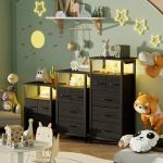 Furnulem Tall Night Stand with Charging Station and Led Light, Small Dresser with Open Shelf and 4 Storage Drawers, Black Side Table Fabric Nightstand for Bedroom, Entryway, Bedside Furniture