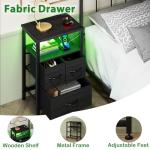 Furnulem Tall Night Stand with Charging Station and Led Light, Small Dresser with Open Shelf and 4 Storage Drawers, Black Side Table Fabric Nightstand for Bedroom, Entryway, Bedside Furniture