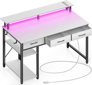 Rolanstar Computer Desk with Power Outlets & LED Light, 39 inch Home Office Desk with 3 Drawers and Storage Shelves, Writing Desk with Monitor Stand, Work Desk for Home Office,White