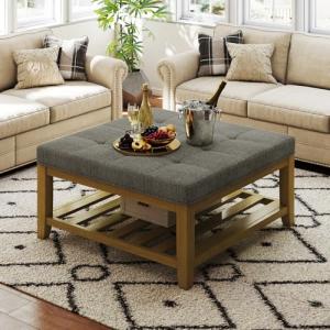 Befurtori Large Square Ottoman Coffee Table, Linen Solid Upholstered Footrest Ottoman with Solid Wood Shelf Storage Tufted Coffee Table for Bedroom Living Room, Granite
