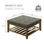 Befurtori Large Square Ottoman Coffee Table, Linen Solid Upholstered Footrest Ottoman with Solid Wood Shelf Storage Tufted Coffee Table for Bedroom Living Room, Granite