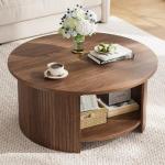 OneBlis Round Coffee Table with Storage, 31.5" Modern Fluted Center Table, 2-Tier Mid Century Coffee Table, Wood Circle Table for Living Room, Home Office, Small Space, Walnut