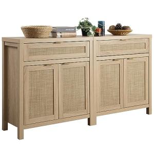 SICOTAS Sideboard Buffet Storage Cabinet Set of 2, Rattan Credenza Buffet Table, Boho Console Accent Cabinet with Doors and Drawer, Coffee Bar Cabinets for Kitchen Entryway Living Room, Natural