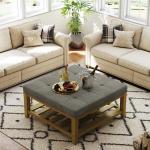 Befurtori Large Square Ottoman Coffee Table, Linen Solid Upholstered Footrest Ottoman with Solid Wood Shelf Storage Tufted Coffee Table for Bedroom Living Room, Granite
