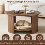 OneBlis Round Coffee Table with Storage, 31.5" Modern Fluted Center Table, 2-Tier Mid Century Coffee Table, Wood Circle Table for Living Room, Home Office, Small Space, Walnut