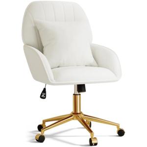 Home Office Desk Chair Comfy with Adjustable Swivel Wheels, Modern Velvet Makeup Vanity Chair with Back & Pillow, Ergonomic Office Chair Computer Task Chair for Living Room, Bedroom, White