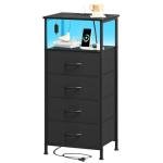 Somdot Black Nightstand with Charging Station and LED Light for Bedroom, Tall 4 Drawers Dresser with Fabric Bins for Bedside Kids Dorm Room Closet Laundry Entryway, Black