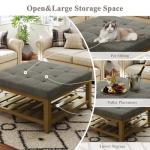 Befurtori Large Square Ottoman Coffee Table, Linen Solid Upholstered Footrest Ottoman with Solid Wood Shelf Storage Tufted Coffee Table for Bedroom Living Room, Granite