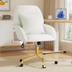 Home Office Desk Chair Comfy with Adjustable Swivel Wheels, Modern Velvet Makeup Vanity Chair with Back & Pillow, Ergonomic Office Chair Computer Task Chair for Living Room, Bedroom, White
