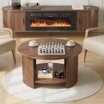 OneBlis Round Coffee Table with Storage, 31.5" Modern Fluted Center Table, 2-Tier Mid Century Coffee Table, Wood Circle Table for Living Room, Home Office, Small Space, Walnut