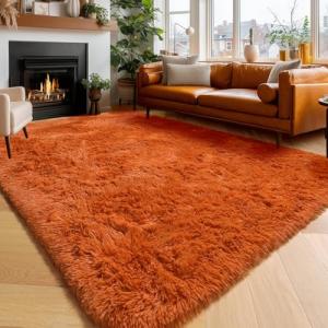 Amdrebio Burnt Orange Area Rugs for Living Room Bedroom, Fluffy Shaggy Fuzzy Thick Shag Rug 5x7 for Kids Room Decor, Modern Cute Plush Furry Dark Orange Carpet for Nursery Dorm Classroom Playroom