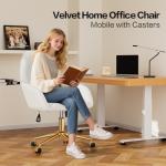 Home Office Desk Chair Comfy with Adjustable Swivel Wheels, Modern Velvet Makeup Vanity Chair with Back & Pillow, Ergonomic Office Chair Computer Task Chair for Living Room, Bedroom, White