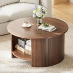 OneBlis Round Coffee Table with Storage, 31.5" Modern Fluted Center Table, 2-Tier Mid Century Coffee Table, Wood Circle Table for Living Room, Home Office, Small Space, Walnut