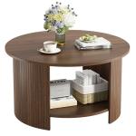 OneBlis Round Coffee Table with Storage, 31.5" Modern Fluted Center Table, 2-Tier Mid Century Coffee Table, Wood Circle Table for Living Room, Home Office, Small Space, Walnut