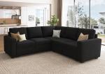HONBAY Sectional Sleeper Sofa with Pull Out Bed, Velvet L Shaped Couch with Storage Seat, Modular Sectional Couches for Living Room, Black