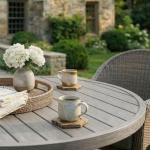 Martha Stewart Bedford 36" Round Indoor-Outdoor Aluminum Patio Dining Table with Trestle Base, Accommodates up to 4 Adults, Brushed Gray Woodgrain Finish