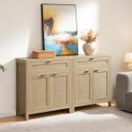 SICOTAS Sideboard Buffet Storage Cabinet Set of 2, Rattan Credenza Buffet Table, Boho Console Accent Cabinet with Doors and Drawer, Coffee Bar Cabinets for Kitchen Entryway Living Room, Natural