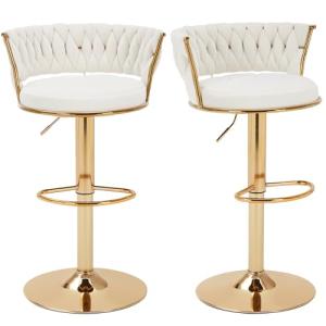 VECELO Bar Stools Set of 2, Adjustable Barstools Counter Height Stools with Back and Arm, Velvet Woven Kitchen Island Stools w/Gold Metal Leg & Base, 360° Swivel Bar Chair for Pubs Dining Room, White