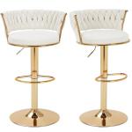 VECELO Bar Stools Set of 2, Adjustable Barstools Counter Height Stools with Back and Arm, Velvet Woven Kitchen Island Stools w/Gold Metal Leg & Base, 360° Swivel Bar Chair for Pubs Dining Room, White