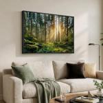 Framed Forest Landscape Wall Art, Horizontal Nature Sunset Canvas Artwork for Walls, Wilderness Scenery Photography Picture, Green Peaceful Print for Living Room Bedroom Office Wall Decor, 24x36 Inch
