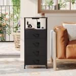 Somdot Black Nightstand with Charging Station and LED Light for Bedroom, Tall 4 Drawers Dresser with Fabric Bins for Bedside Kids Dorm Room Closet Laundry Entryway, Black