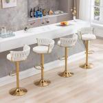 VECELO Bar Stools Set of 2, Adjustable Barstools Counter Height Stools with Back and Arm, Velvet Woven Kitchen Island Stools w/Gold Metal Leg & Base, 360° Swivel Bar Chair for Pubs Dining Room, White