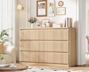 Jocoevol Oak 6 Drawer Dresser for Bedroom, Modern Fluted Dresser, Bedroom Dressers with Drawers, Large Double Wooden Chest of Drawers for Living Room, Hallway